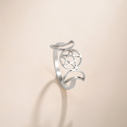 Temperament Wild Couple Ornament Double Moon Pentagram Stainless Steel Ring