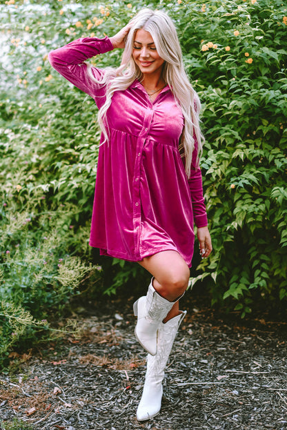 Valentine Velvet Ruffle Buttoned Long Sleeve Dress