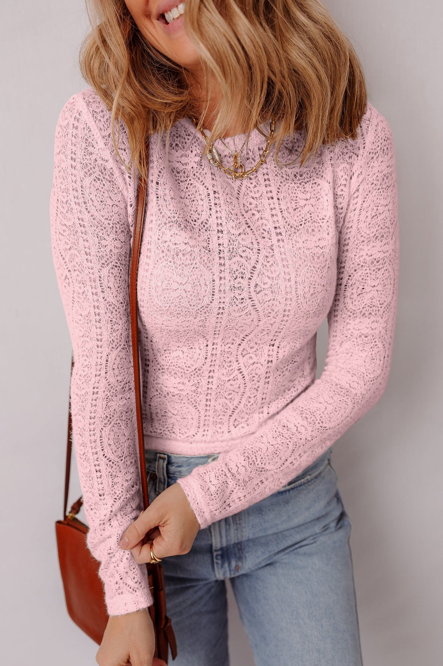 Semi Sheer Lace Long Sleeve Cropped Top