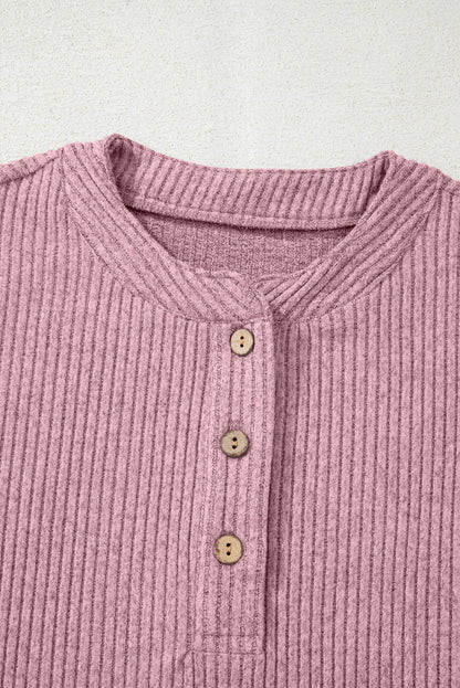 Solid Ribbed Knit Drop Shoulder Henley Top