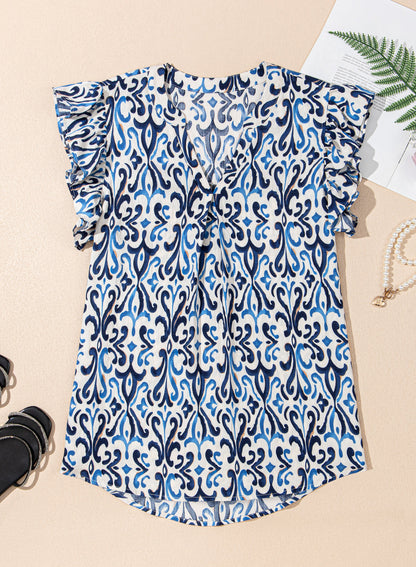 Abstract Boho V-Neck Pintuck Ruffle Sleeve Top