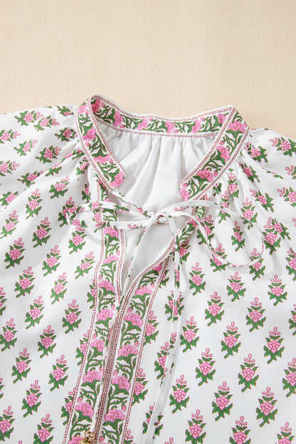 Floral Bubble Sleeve Neck Tie Ruffle Dress
