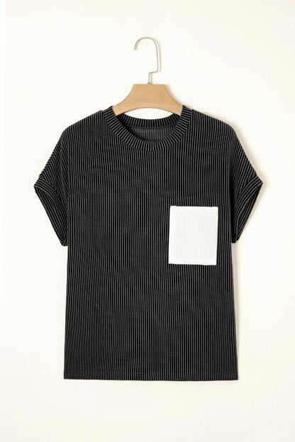 Corded Knit Colorblock Pocketed Crew Neck T-Shirt