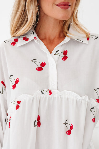 Cherry Frilled Collar 3/4 Sleeve Babydoll Blouse