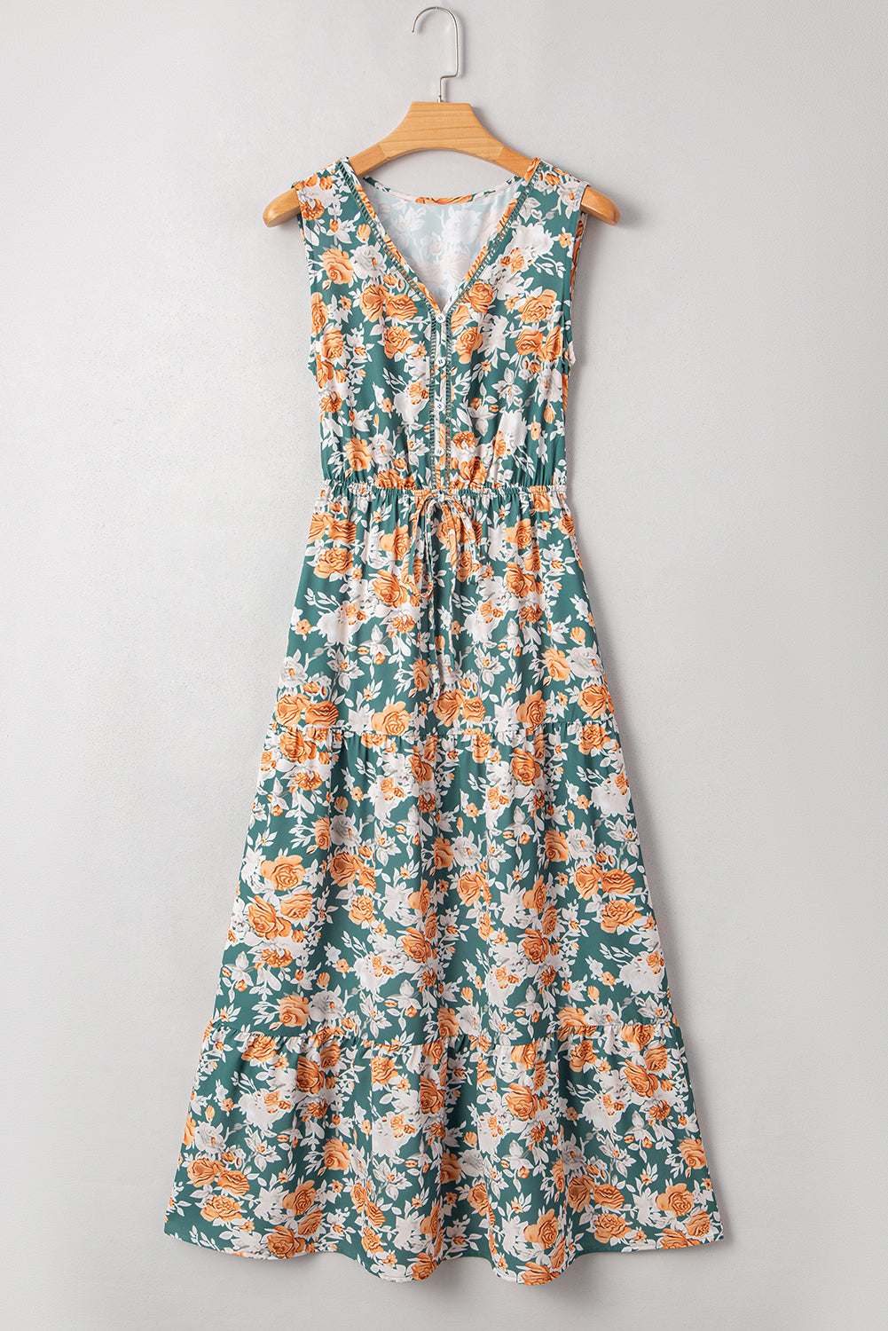 Floral Trim V-Neck Tie Waist Dress