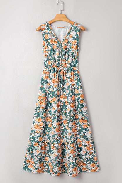 Floral Trim V-Neck Tie Waist Dress