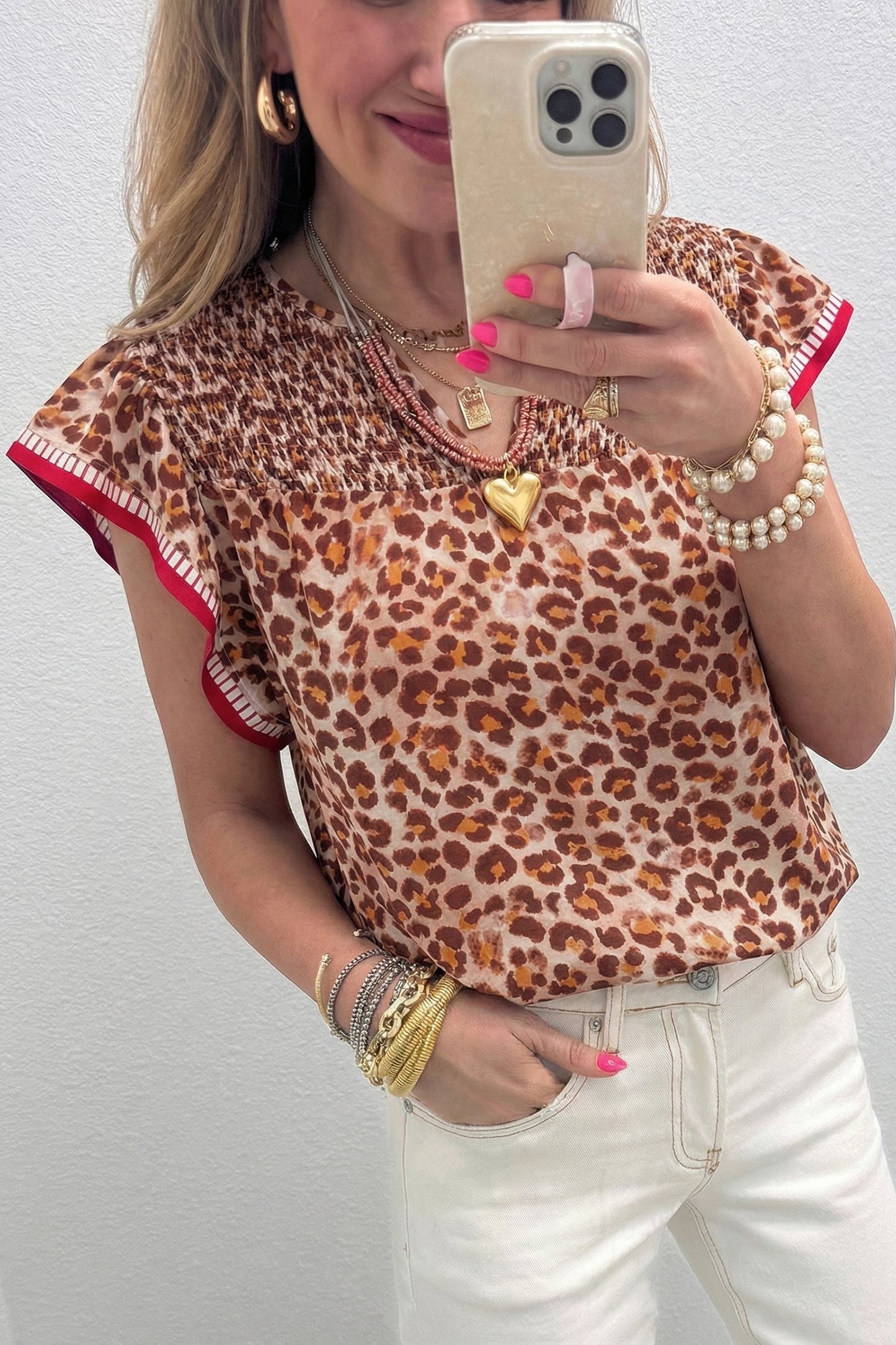 Leopard Contrast Trim Ruffle Short Sleeve Blouse