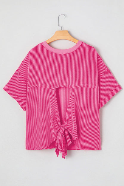 Spiral Ribbed Cutout Bow Knot Back T-Shirt