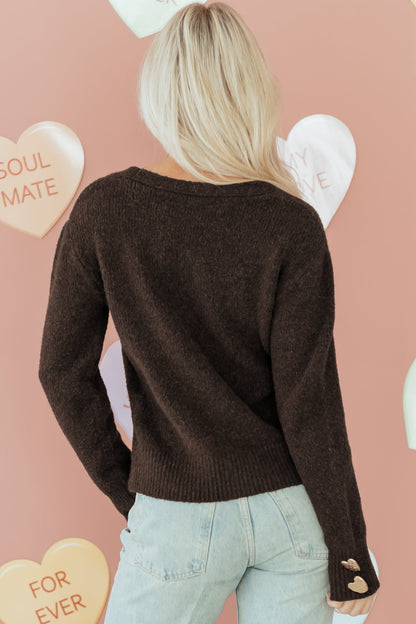 Heart Metal Button V-Neck Knit Cardigan