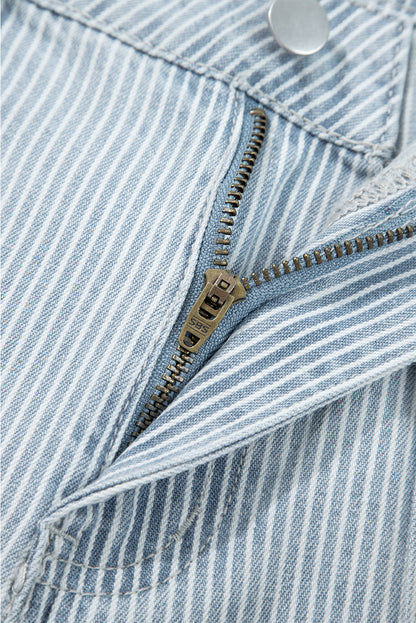 Stripe Denim Button Flap Pocket Cuffed Hem Jeans