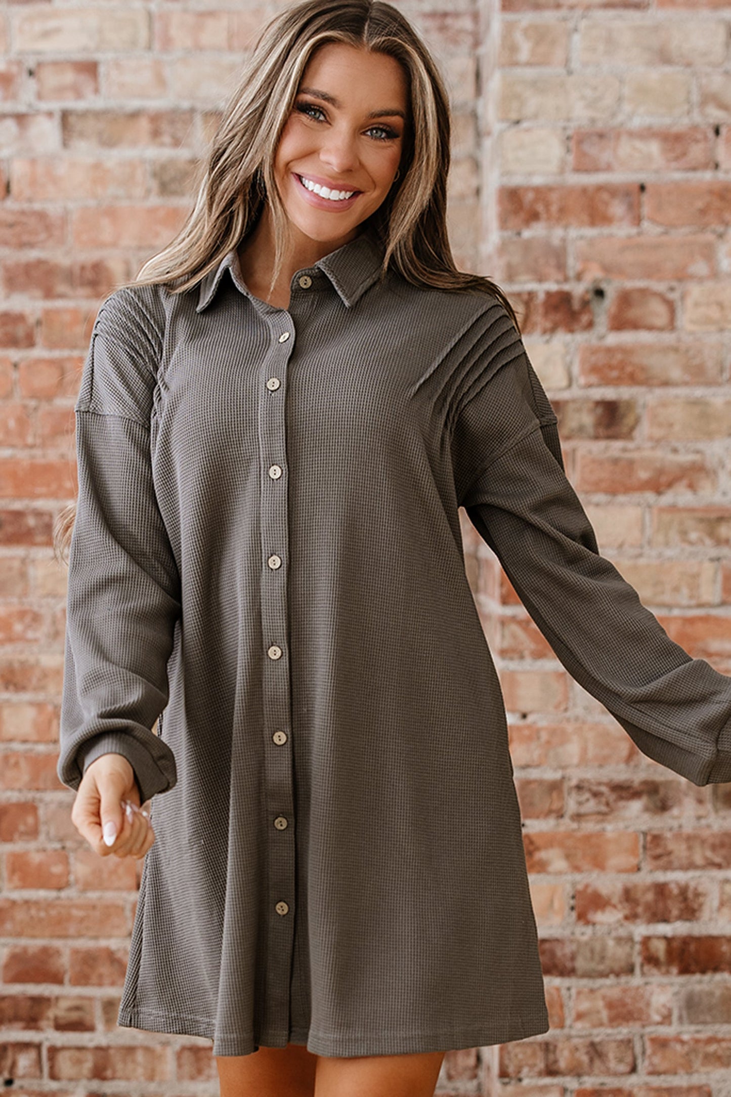Waffle Knit Pleated Drop Shoulder Shirt Dress