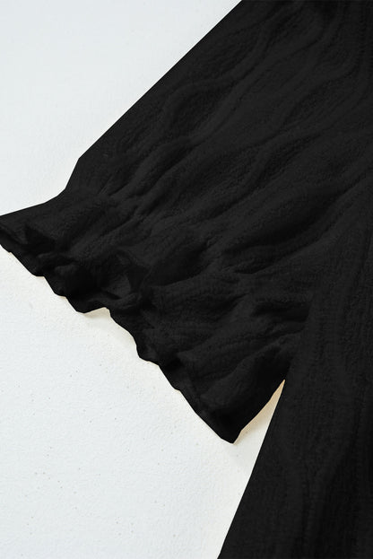 Solid Textured Notch Neck Puff Sleeve Blouse