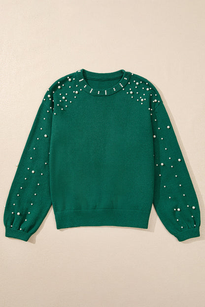 Solid Pearl Drop Shoulder Round Neck Sweater