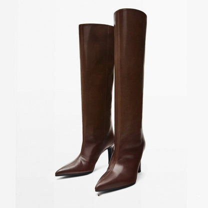 High Heel Leather Knight Boots Pointed Toe