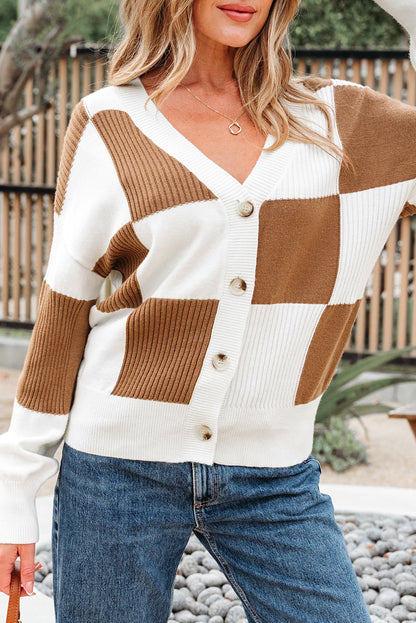 Checker Buttoned V-Neck Sweater Cardigan