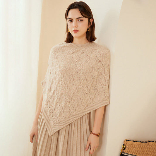 Women's Round Neck Cashmere Pullover Cloak with Twisted Pattern
