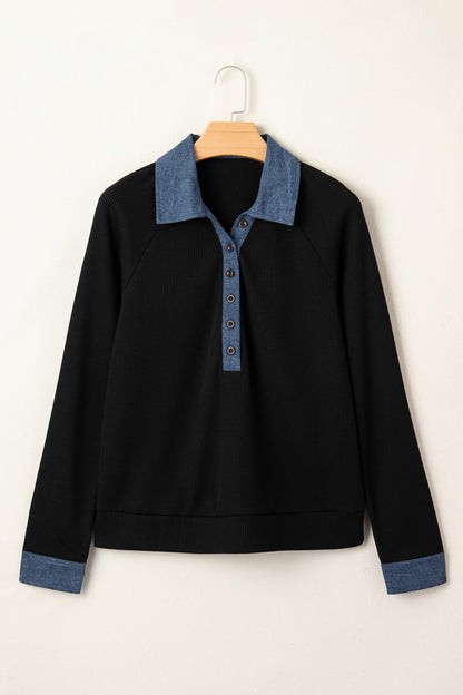 Textured Knit Denim Patchwork Polo Collar Top
