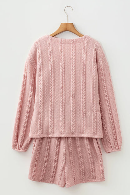 V-Neck Cable Knit Cardigan and Shorts Set