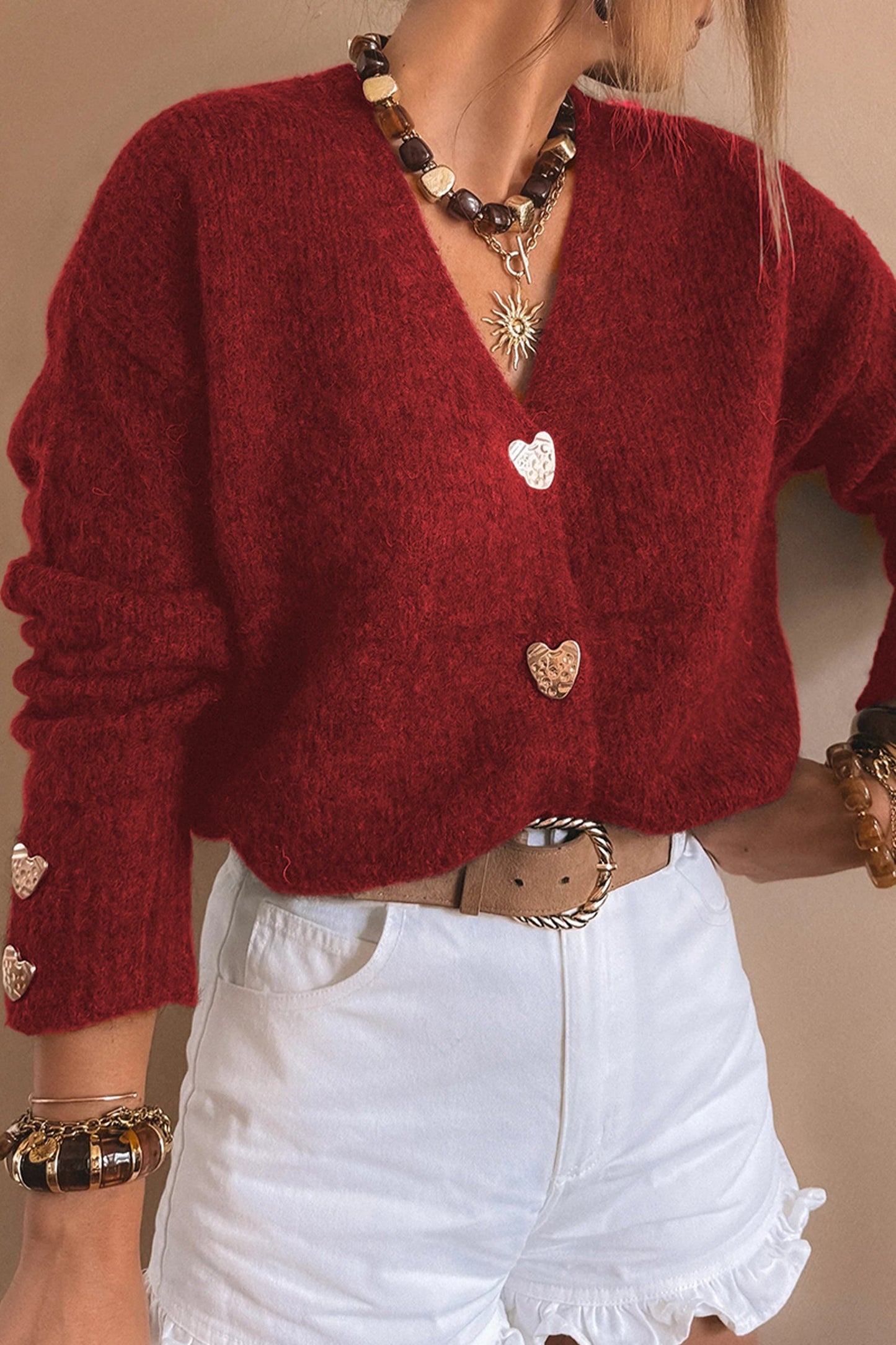 Heart Metal Button V-Neck Knit Cardigan