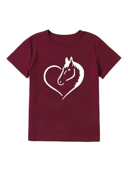 Heart Horse Pattern Printed Shoulder Short Sleeve
