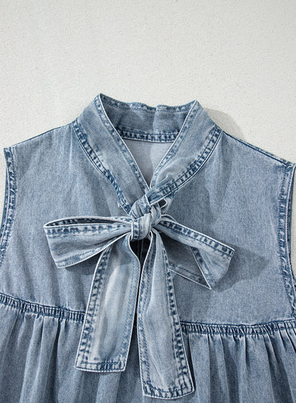 Chambray Bow Neck Sleeveless Ruffle Dress