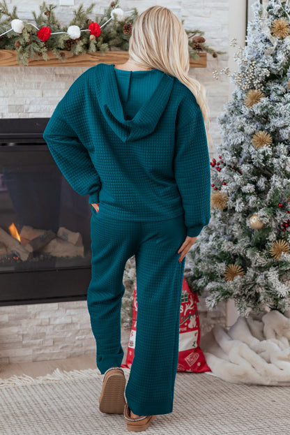 Waffle Textured Patchwork Hooded Top and Pants Set