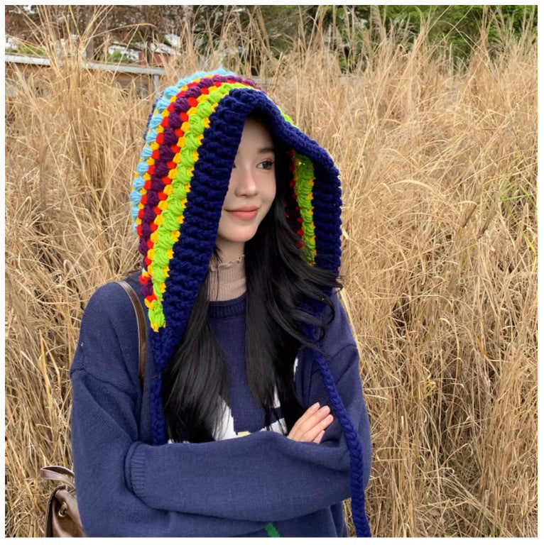 Ladies Coarse Yarn Rainbow Color Thickened Knitted Hat