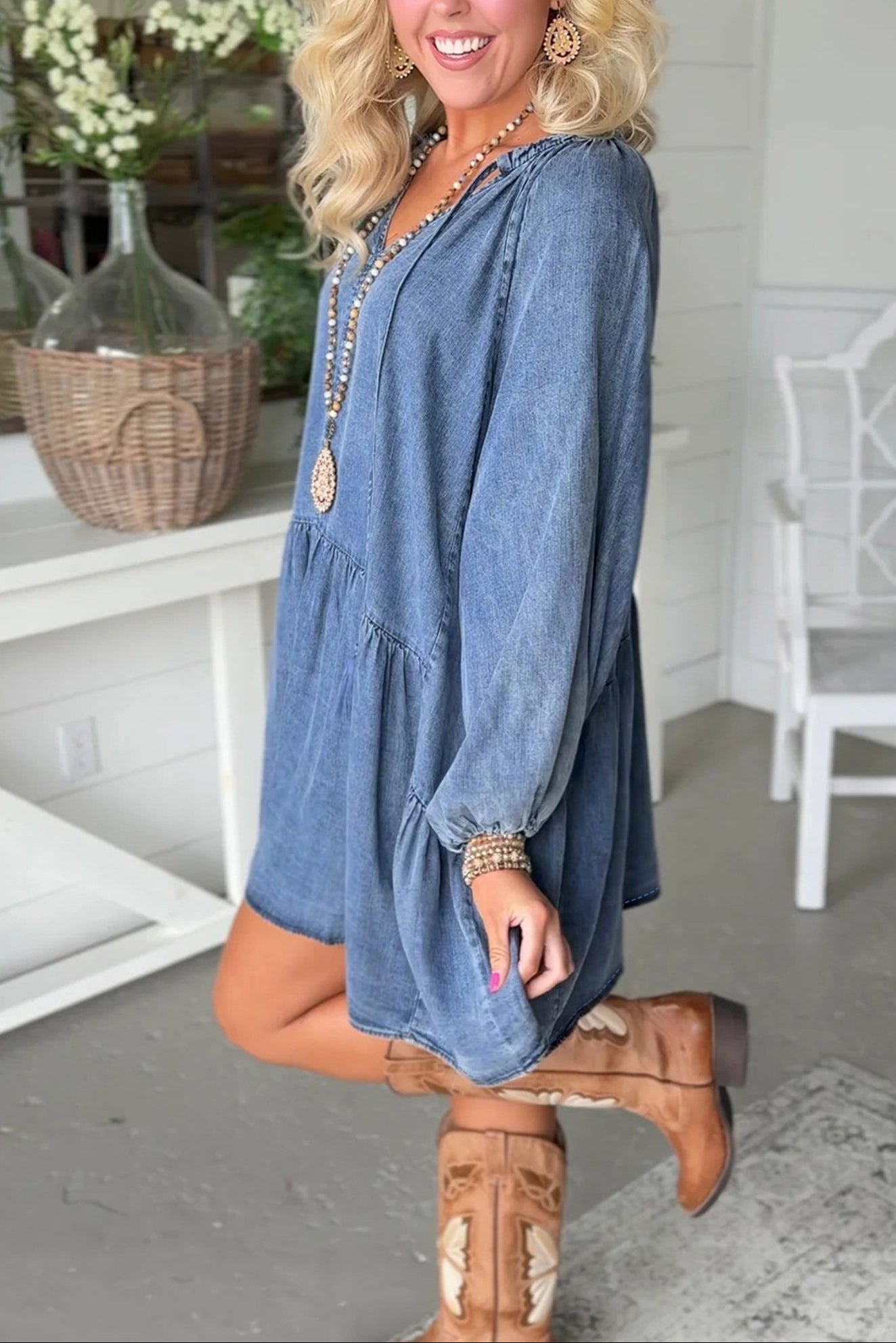 Puff Sleeve V-Neck Ruffle Denim Dress