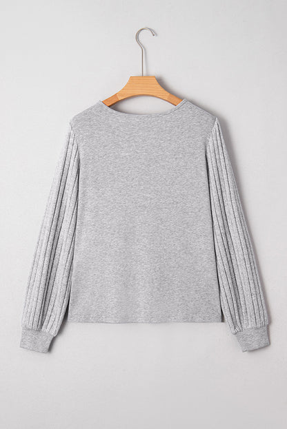 Hollow Lace Ribbed Knit Patchwork Long Sleeve Top