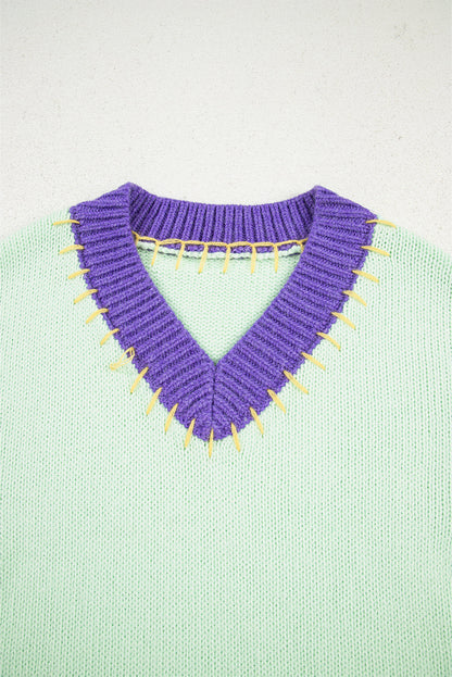 Color Block Stitched V-Neck Drop Shoulder Sweater