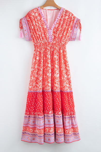 Floral Tassel Tie Sleeve Empire Waist Maxi Dress
