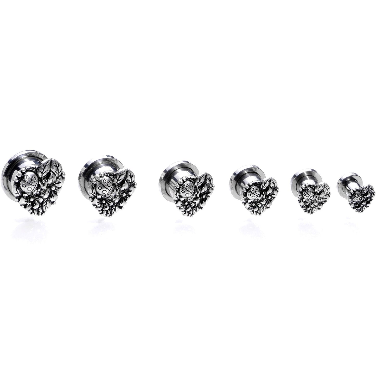 Ladybug Heart Screw Fit Tunnel Plug Set 6mm to 16mm