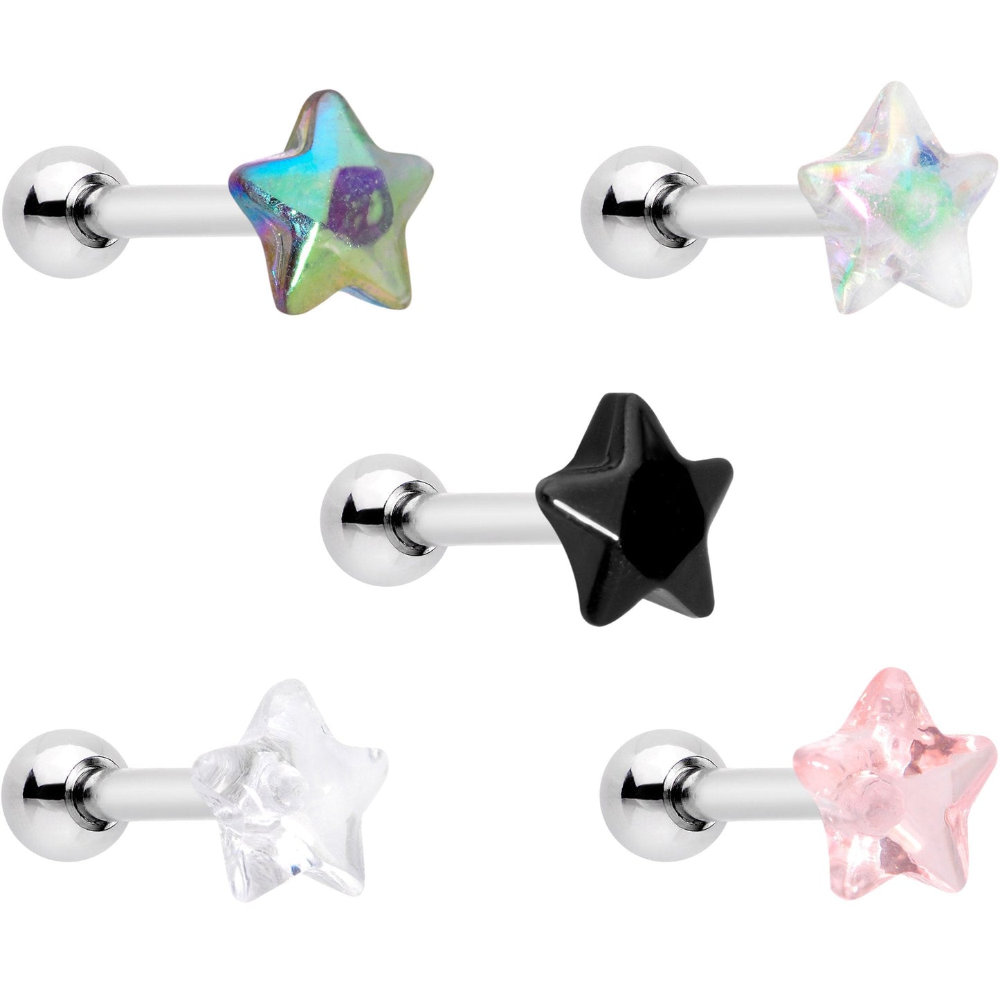 16G 1/4 Multi Color Star Gem Cartilage Tragus Earring Five Pack Set