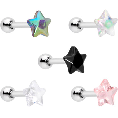 16G 1/4 Multi Color Star Gem Cartilage Tragus Earring Five Pack Set
