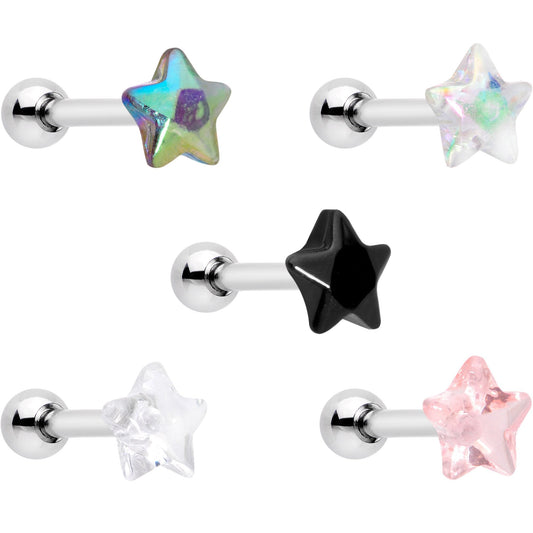 16G 1/4 Multi Color Star Gem Cartilage Tragus Earring Five Pack Set