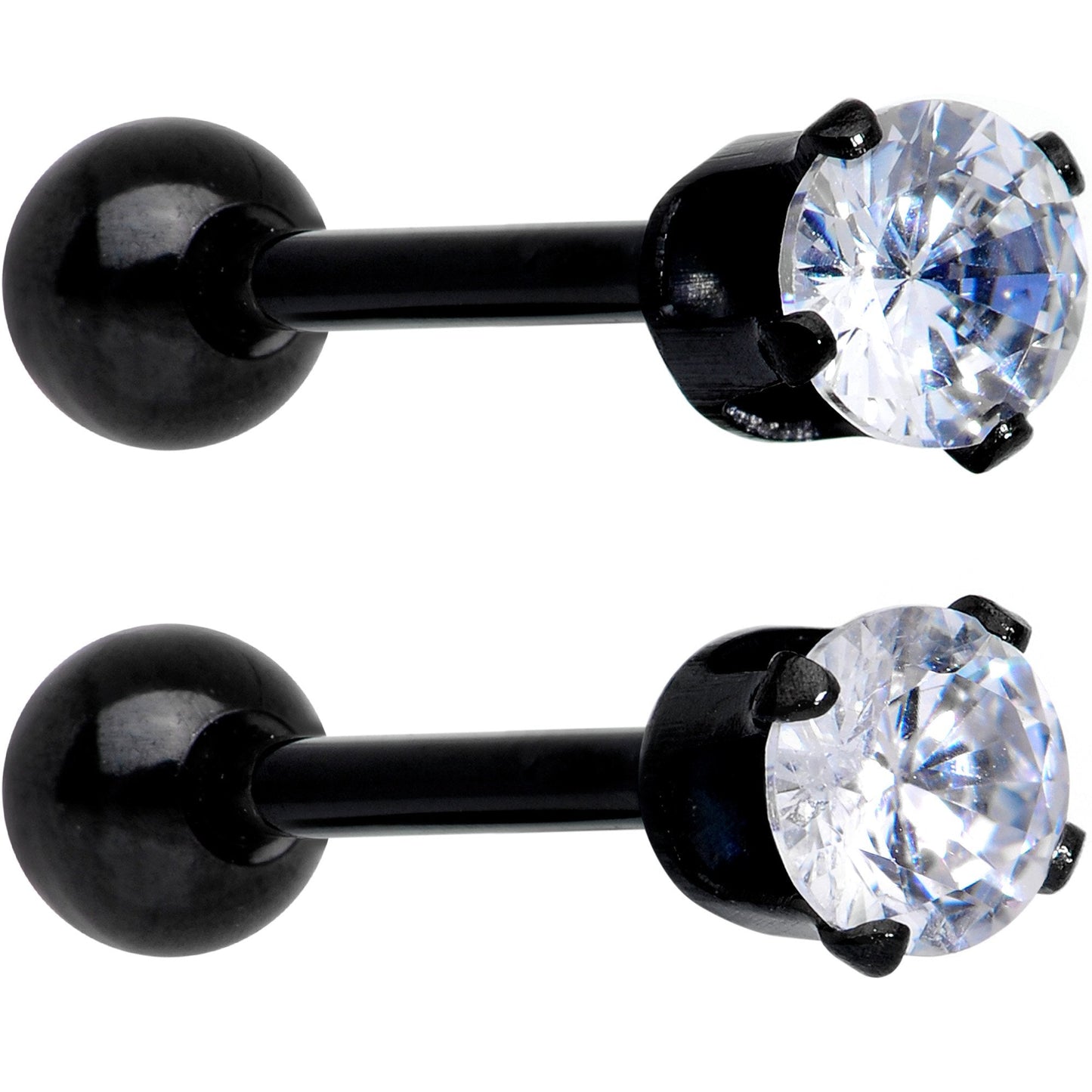 16G 3/8 Clear Gem Black Anodized Titanium Cartilage Tragus Earring 2 Pack Set