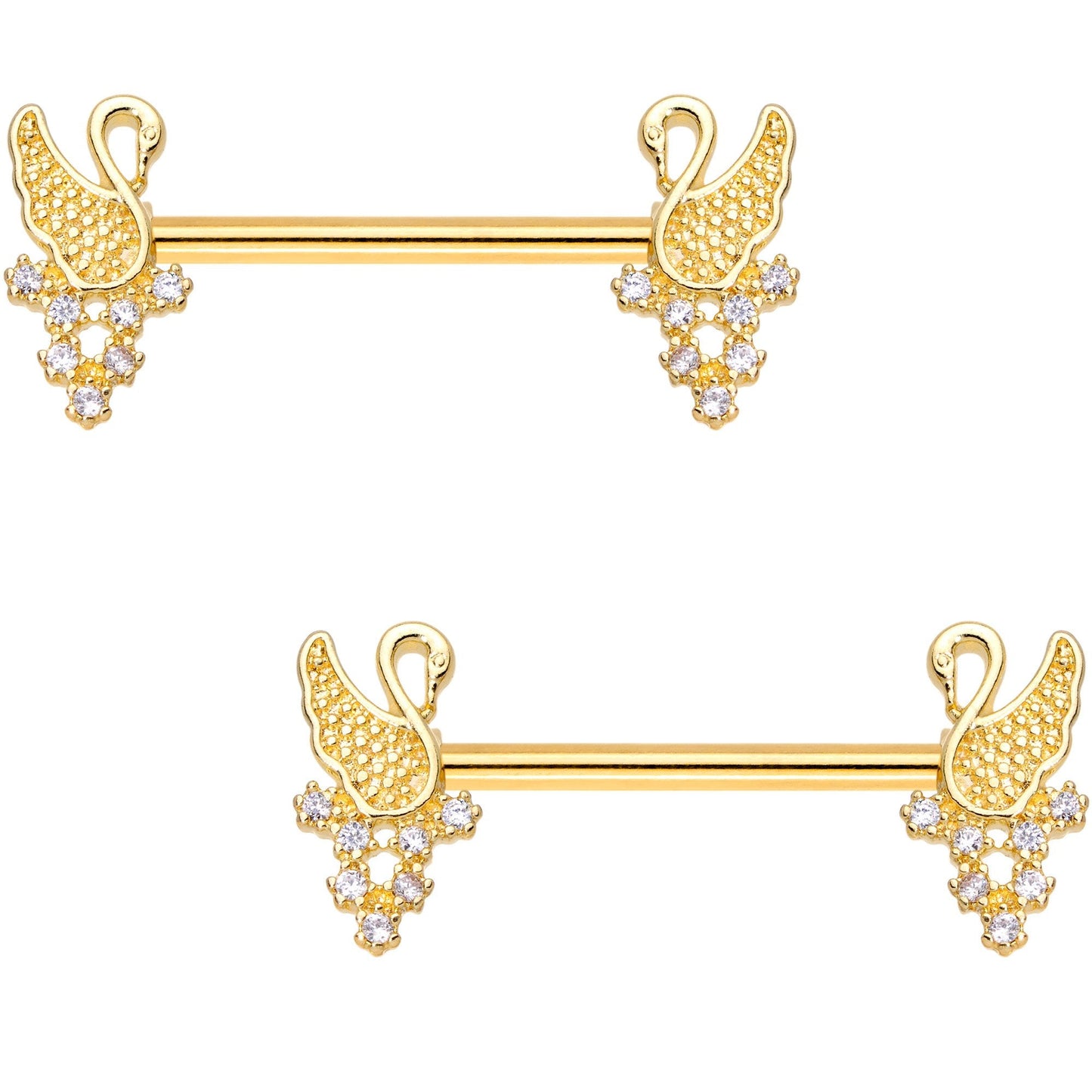 9/16 Clear Gem Gold PVD Royal Swan Barbell Nipple Ring Set