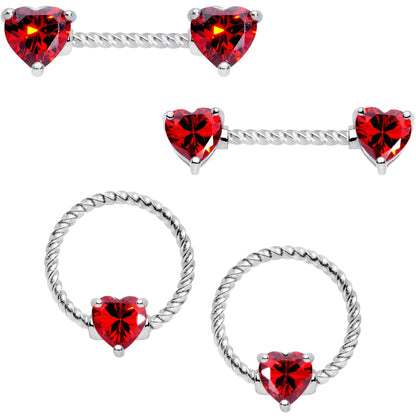 14G Red CZ Gem Heart Twisted Captive Ring Barbell Nipple Ring Set