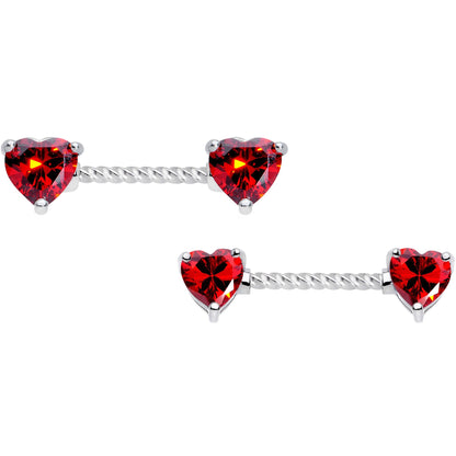 14G Red CZ Gem Heart Twisted Captive Ring Barbell Nipple Ring Set