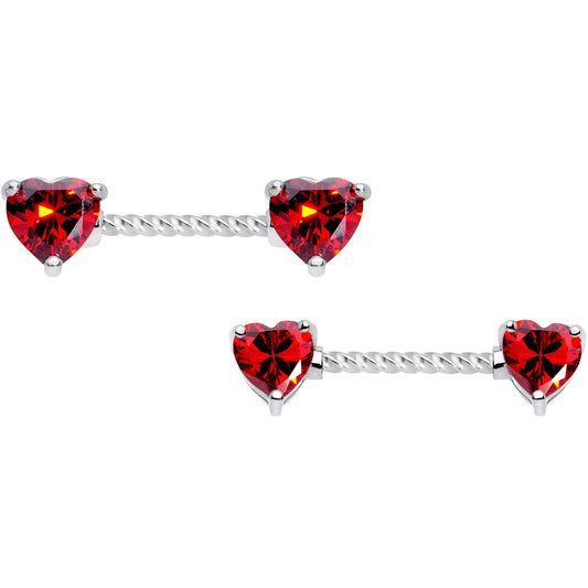 14G Red CZ Gem Heart Twisted Captive Ring Barbell Nipple Ring Set