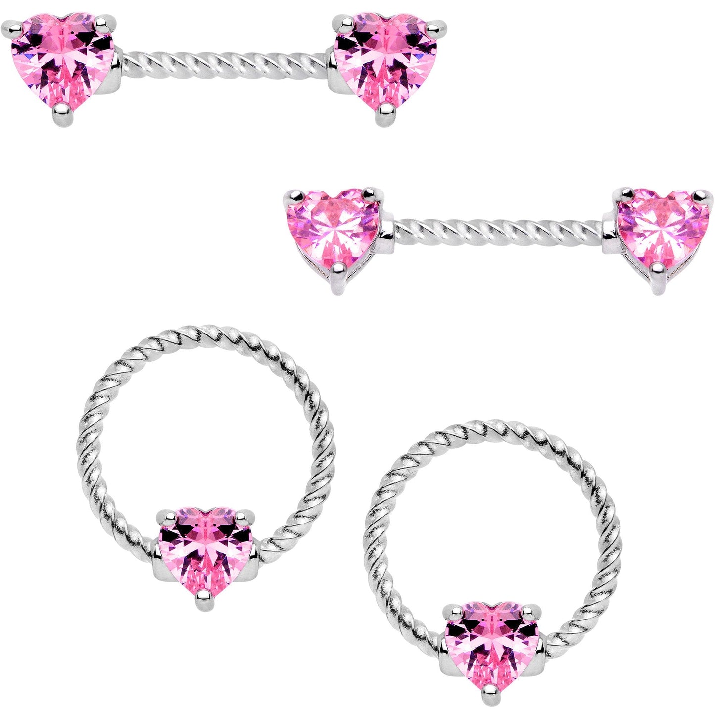 14G Pink CZ Gem Heart Twisted BCR Ring Barbell Nipple Ring Set