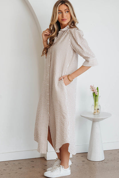 Stripe Frill Collar Half Sleeve Maxi Dress