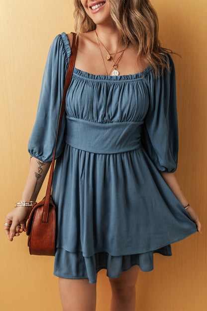 Solid Ruched Frilled Neck 3/4 Sleeve Dress