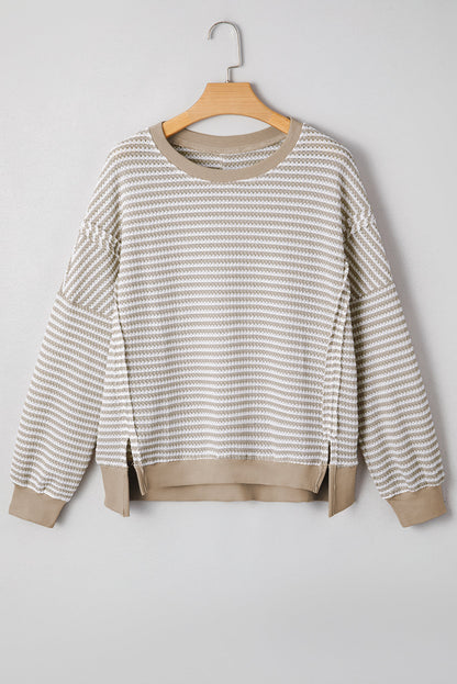 Stripe Ribbed Trim Drop Shoulder Top