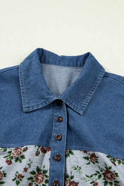 Floral Retro Denim Patchwork Button Collar Top