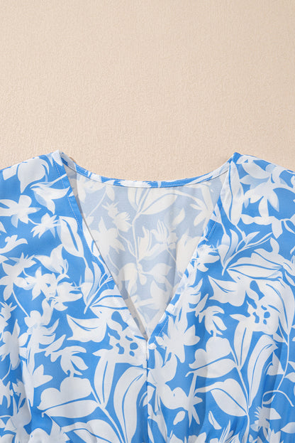 Floral V-Neck Puff Sleeve Flowy Maxi Dress