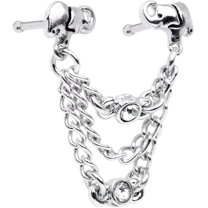 20G 1/4 Clear Gem Elephant Chain Dangle Double Nose Bone