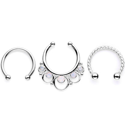 16G White Faux Opal Twisted Horseshoe Clip On Fake Septum Ring Set