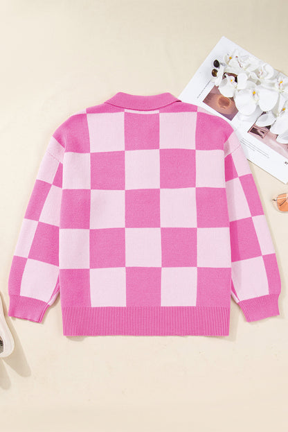 Plus Size Checker Collared Half-Button Henley Sweater