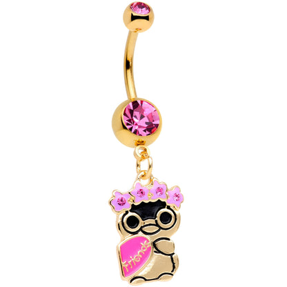 Pink Gem Gold Tone Anodized BFF Penguins Dangle Belly Ring Set